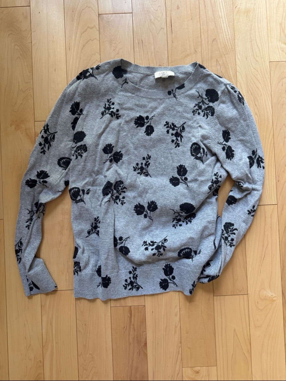 LOFT Gray Knit Sweater with Black Floral Motif